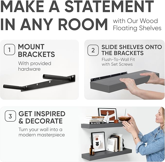 Homeforia 24inch Gray Floating Shelves for Wall, High End Solid Real Wood 24in Floating Shelf for Bathroom, Grey Wooden 24 inch Long Floating Shelves, Heavy Duty Bracket, 24 X 6.5 X 1.75 in, Set of 2-Ruum Studio Home