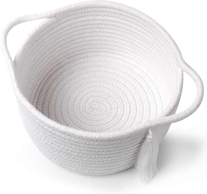 Small Gift Basket Empty to Fill – SweetMemo Cute Woven Organizer Baskets with cellophane wrap for Kids, Baby Shower, Office, Bathroom, Bedside – Little Decor Cotton Rope Bin with Handles - White-Ruum Studio Home