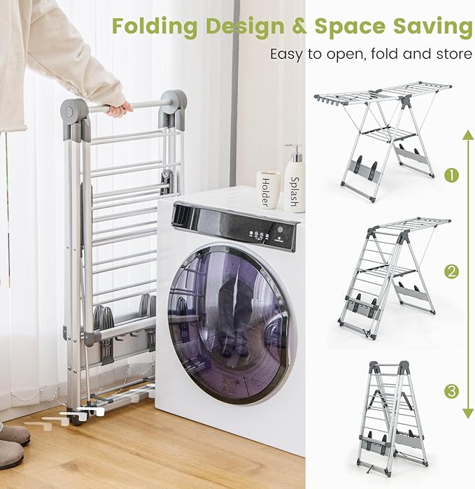 Giantex Clothes Drying Rack, 2-Layer Aluminum Foldable Laundry Drying Rack with 5-Level Adjustable Height, 21 Drying Rails, 10 Side Clips, 4 Shoe Holders, Space Saving Collapsible Laundry Drying Rack-Ruum Studio Home
