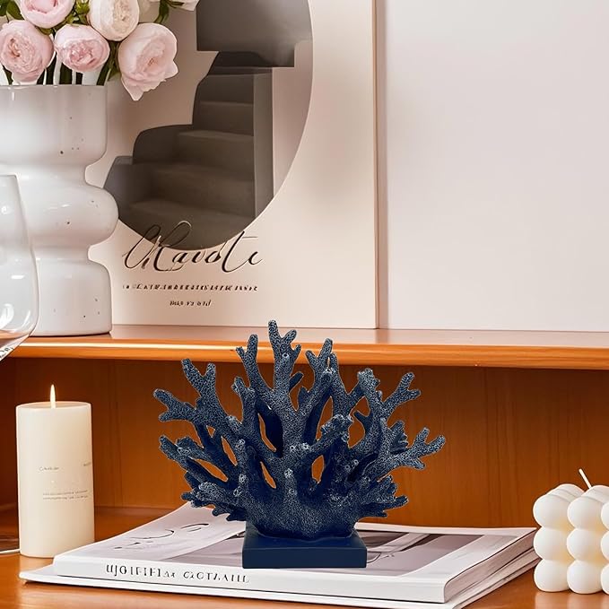 5.8" H Dark Blue Coral Decor - Resin Coral Statue, Nautical Decor for Home, Bedroom, Bathroom, Living Room, Ocean Themed Cabinet Shelf Tabletop Decoration-Ruum Studio Home