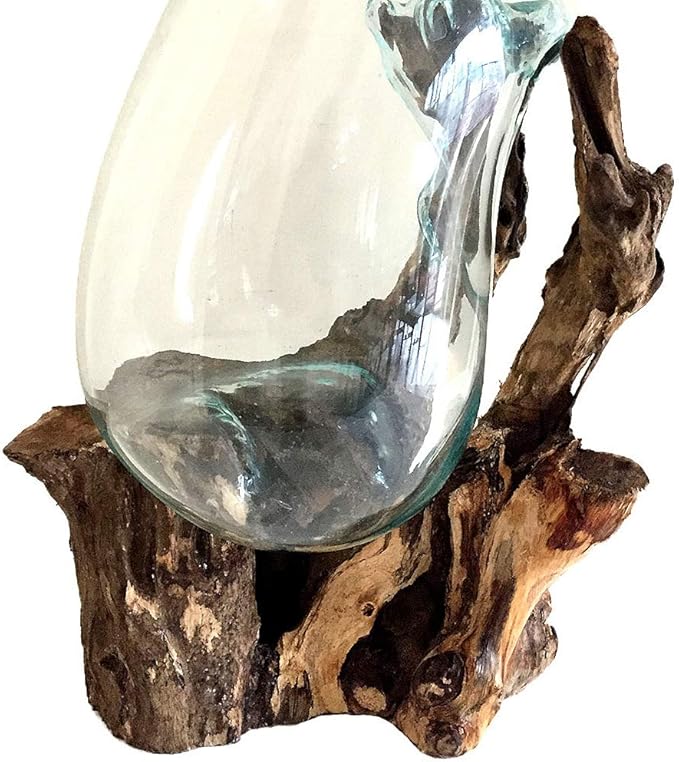 Hand Blown Molten Glass & Teak Wood Terrarium/Vase/Fish Bowl - Premium Quality (12" - 14" High)-Ruum Studio Home
