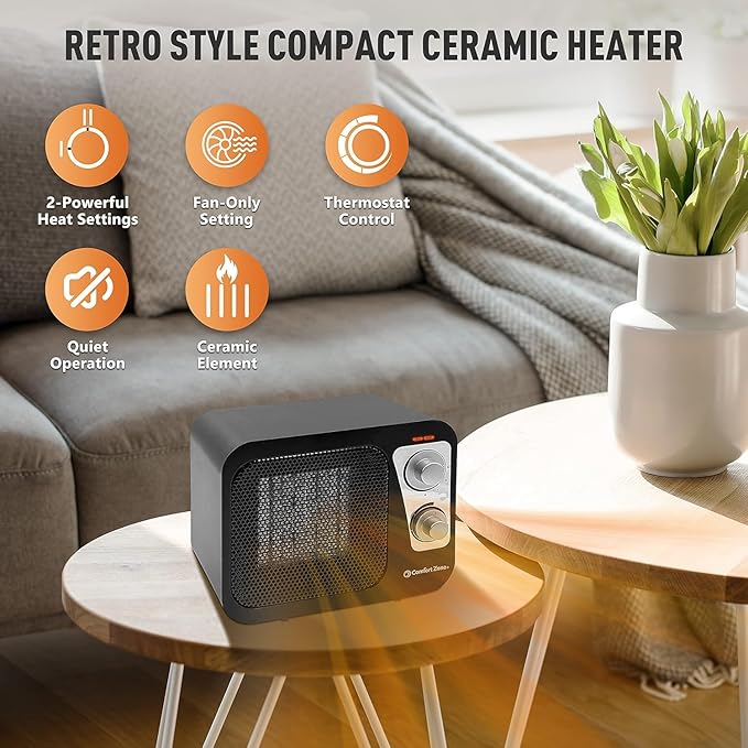 Comfort Zone Space Heaters for Indoor Use, Portable Heater, Fast Heating, Electric Heater, Thermostat, Retro Design, Bedroom Heater with Overheat Protection, Safety Tip-Over Switch 1,500W, Black-Ruum Studio Home