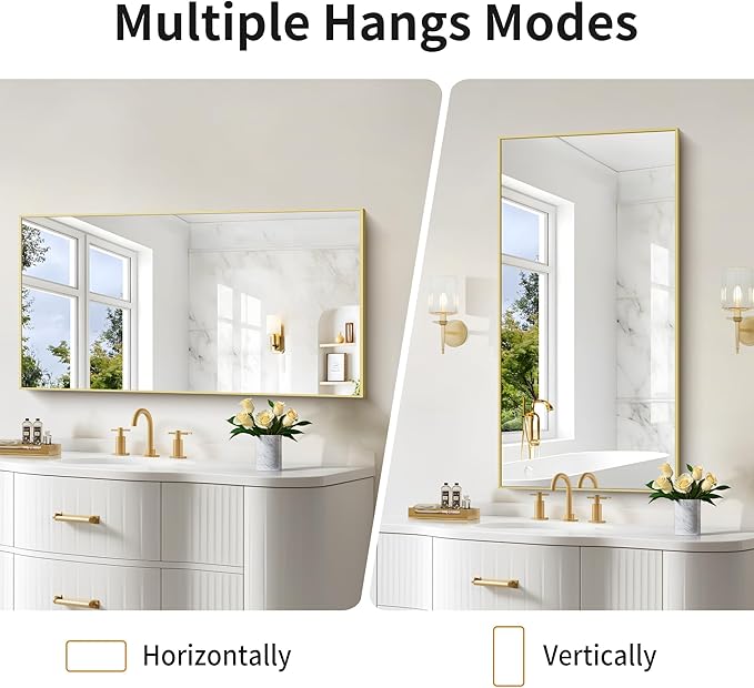 48x24In Gold Bathroom Mirror for Wall, Brushed Gold Rectangle Mirrors with Metal Frame, Bathroom Rectangular Mirror Modern Wall Mirror for Bedroom Living Room, Hangs Horizontal or Vertical-Ruum Studio Home