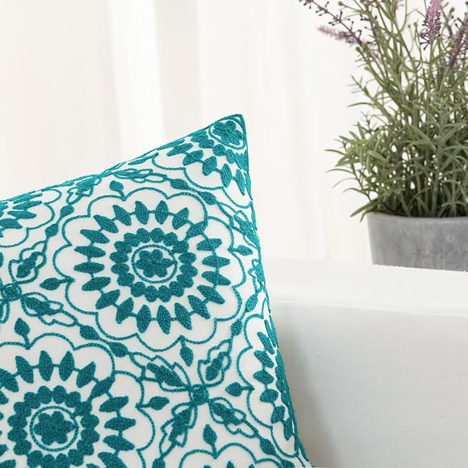 HWY 50 Teal Decorative Throw Pillow Covers 18x18 Inch (1 Piece), Embroidered Cotton Farmhouse Cushion Cover Pillow Case for Sofa Couch Living Room Bed, Little Sunflower-Ruum Studio Home