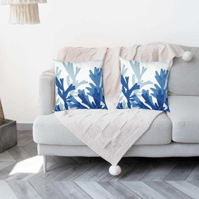Embroidered Decorative Throw Pillow Cover, 18"x18" Set of 2, Farmhouse Pillowcase Blue Corals Knit Pattern Cotton Canvas Cushion Case Square Floral Pillow Case for Sofa Couch Bed Living Room-Ruum Studio Home