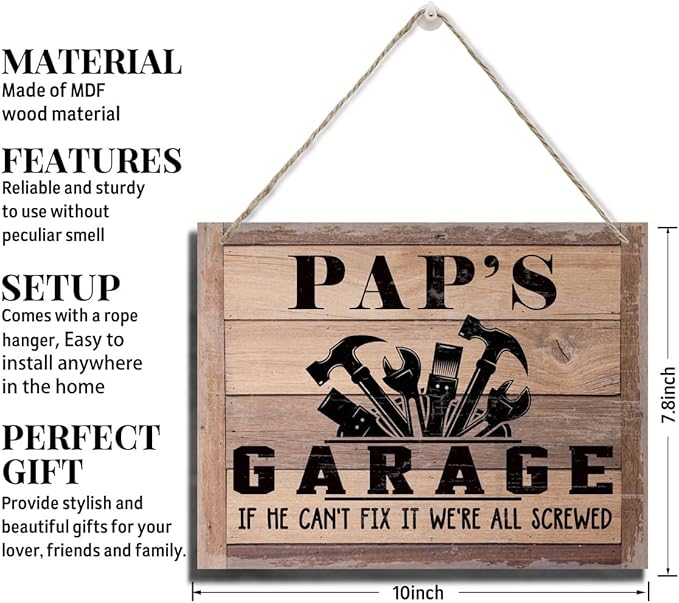 Rustic Sign, Father's Day Gift, Dad's Gift, Grandpa's Gift, Decor Hanging Wood Signs, Printed Wood Wall Art Sign, Pap's Garage, If He Can't Fix It We're All Screwed, Vintage Sign Gift for Grandpa-Ruum Studio Home