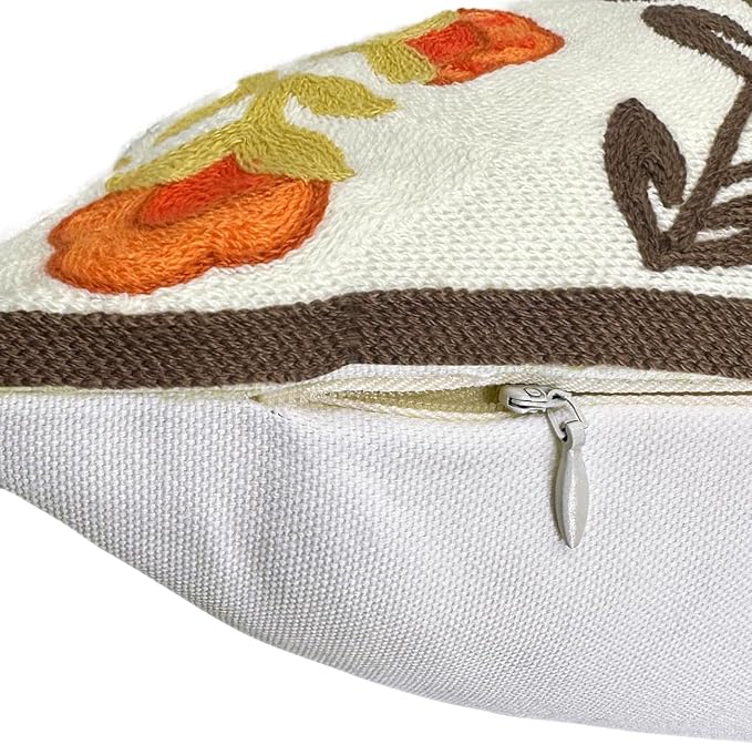Alysheer Floral Embroidered Fall Decorative Throw Pillow Cover 18"x 18", Farmhouse Cottage Orange Flowers Brown Leaves Knit Pattern Cotton Canvas Cushion Case for Sofa Couch Bed Living Room Decor-Ruum Studio Home