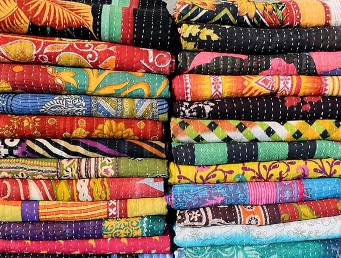 Wholesale Mix lot Tribal Kantha Quilts Reversible Vintage Cotton Bedspread Sari Throw Old Assorted Patches Bed Cover Rally (5)-Ruum Studio Home