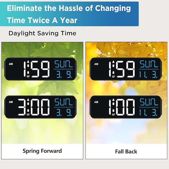 Peakeep Large Display Digital Alarm Clock for Bedrooms, Date Day of Week Calendar Desk Table Clocks for Living Room Office, Dimmable Plug in Electric Clock, 5 Volumes, Loud, Auto DST-Ruum Studio Home
