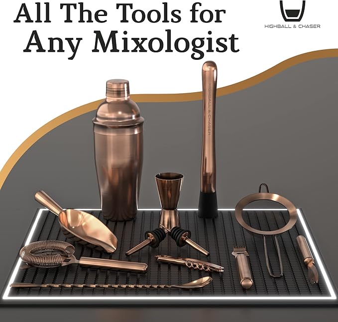 Highball & Chaser 13-Piece Cobbler Cocktail Shaker Set Matte Copper Stainless Steel Bartender Kit For Home Bar Cocktail Set Laser Engraved Cocktail Tools Plus E-Book with 30 Different Cocktail Recipes-Ruum Studio Home