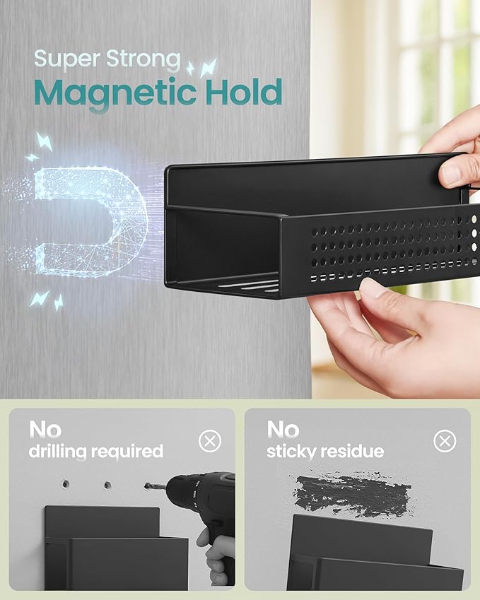 SONGMICS Magnetic Spice Rack for Refrigerator, Set of 4, 2 Large and 2 Small Kichen Magnetic Shelves for Microwave, Washing Machine, Spice Organizers, No Drilling Needed, Ink Black UKCS061B01-Ruum Studio Home