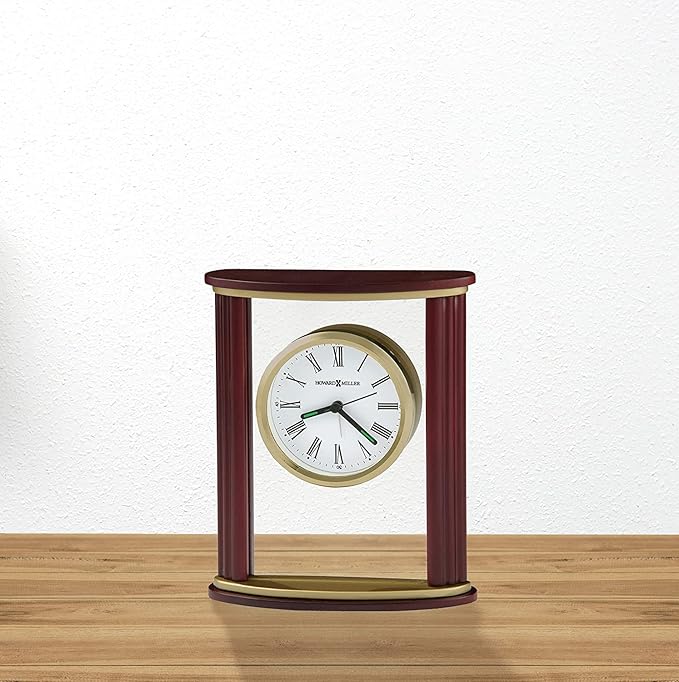 Howard Miller Victor Tabletop Clock - Wooden Desk Timepiece with Glass Crystal, Felt Bottom, Quartz Movement, Analog Alarm Clock, Battery Operated for Home, Office, Living Room, and Bedroom Decor
