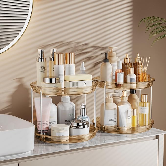 LAMU 2 Pack 2 Tier Lazy Susan Turntable Organizer 9.25'' Rotating Spice Rack Organization for Cabinet, Kitchen, Pantry, Countertop, Bathroom, Vanity, Medicine Cabinet Organizer, Amber-Ruum Studio Home