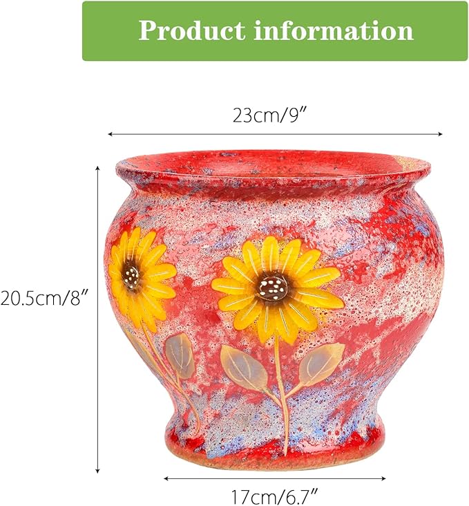 Sungmor Ceramic Hand Painted Succulent Flower Pots, 9 Inch Large Pottery Pots for Indoor Outdoor Plants, Decorative Ceramic Vase for Flower Arrangement Home Decor, Vintage Centerpieces Flowerpot-Ruum Studio Home