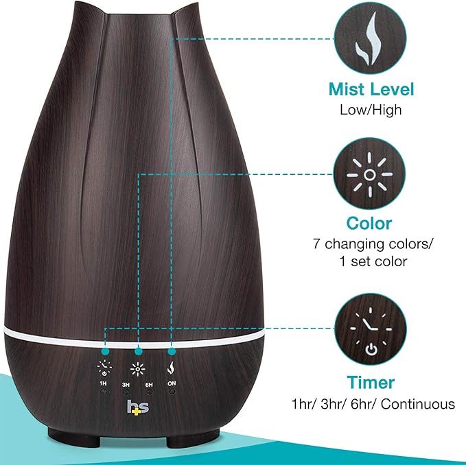 HealthSmart Essential Oil Diffuser, Cool Mist Humidifier and Aromatherapy Diffuser with 500ML Tank Ideal for Large Rooms, Adjustable Timer, Mist Mode and 7 LED Light Colors, Brown-Ruum Studio Home