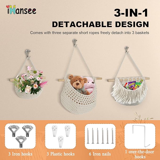Hanging Baskets for Organizing, 3 Tier Detachable Wall Hanging Fruit Basket Over the Door Organizer for Fruit Vegetable Plant, Beige Boho Cotton Crocheted Fruit Holder for Kitchen Bathroom Bedroom-Ruum Studio Home