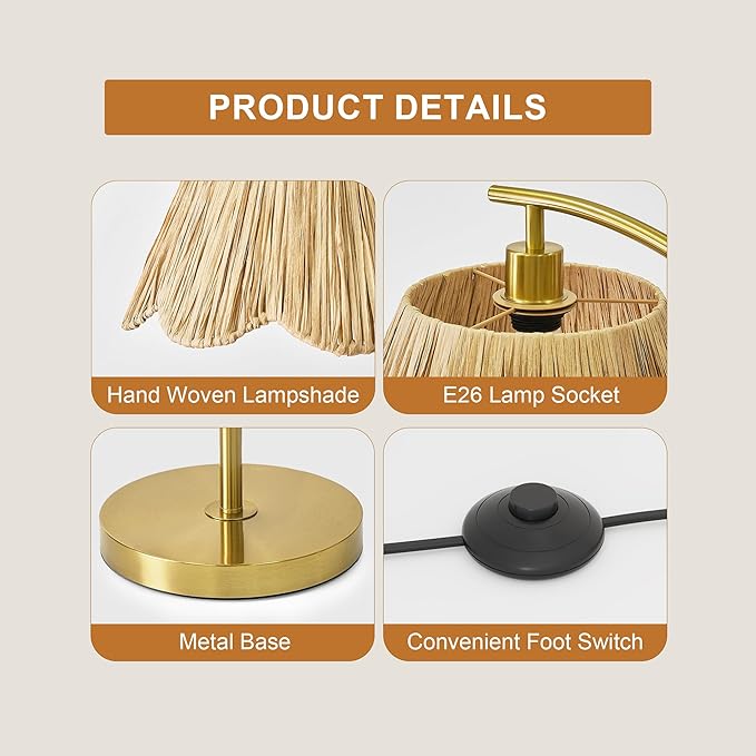 Oneach Arc Floor Lamp for Living Room,Rattan Boho Floor Lamp with Hand-Woven Wicker Shade, Foot Switch,Gold Metal Base & Pole,Farmhouse Standing Lamp for Bedroom Corner,Reading-Ruum Studio Home