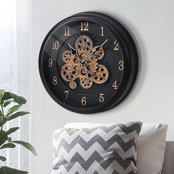 Maxstar Large Moving Gear Wall Clock,16" Vintage Mechanical Battery Operated Industrial Wall Clocks for Farmhouse Living Room,Home Office, Dinning Room, Kitchen, Steampunk Decor-Black,Arab Numeral-Ruum Studio Home