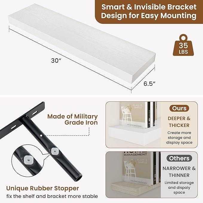 fuqing Floating Shelves for Wall, Bathroom Shelf Wall Mounted for Storage, Shelves with Invisible Bracket for Bedroom, Kitchen, Living Room, Farmhouse Small Book Shelf, 30 Inch Set of 2, White-Ruum Studio Home