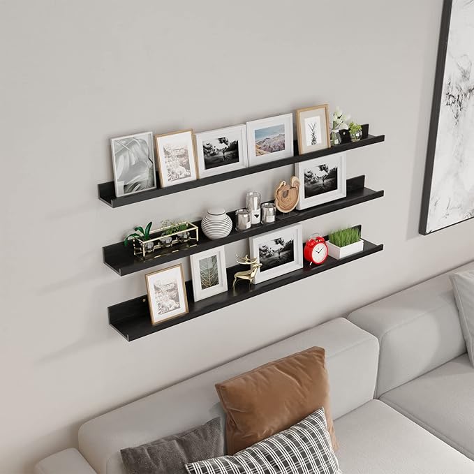 Giftgarden 47 Inch Black Floating Shelves Ledge, Wall Mount Long Picture Rail Large Woodgrain Photo Shelving for Living Room Bedroom Office, Set of 3 Different Sizes-Ruum Studio Home