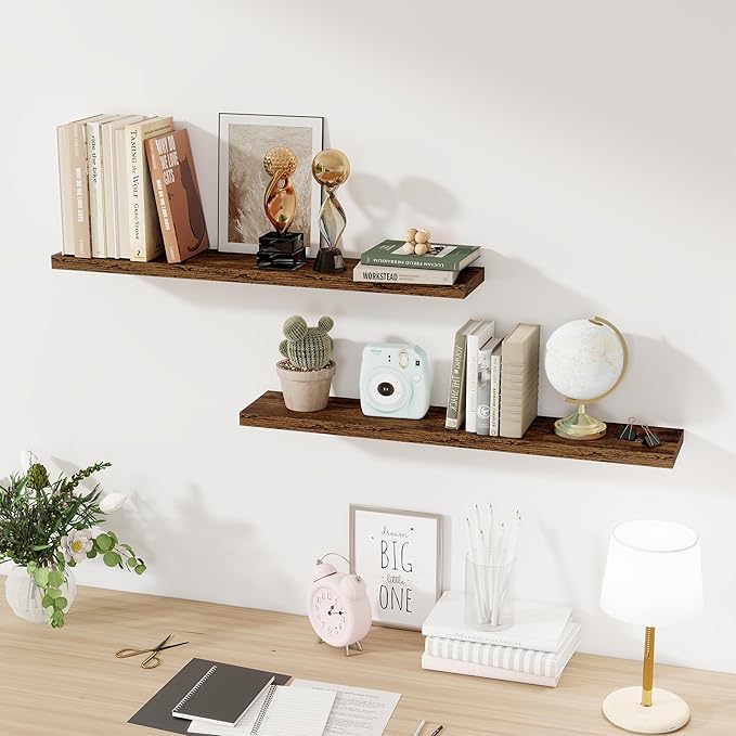 36Inch Floating Shelves for Wall 2 Pack Wood Shelves for Kitchen, Bathroom, Bedroom Wall Mounted Rustic Wood Floating Shelf with Invisible Brackets for Books, Storage, Decor, Rustic Brown-Ruum Studio Home