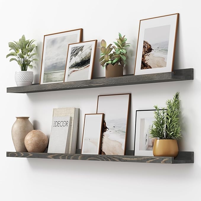 Picture Ledge Shelf, Floating Shelves Set of 2, Solid Pine Wood 55'' Long Large Nursery Book Shelves for Toys Storage, Kids Bookshelf for Living Room Bedroom Decor Books Photo Frames, Grey-Ruum Studio Home