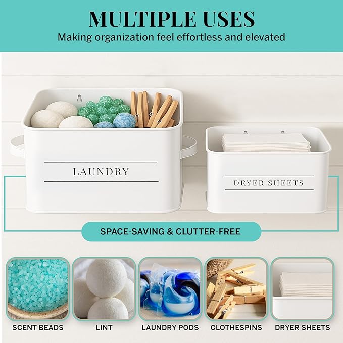 Metal Dryer Sheet Holder with Lid – Set of 2 Storage Bins for Laundry Room Organization & Home Decor – Classic White Metal Organizers and Containers with Lids - Sheet Organizers and Storage-Ruum Studio Home