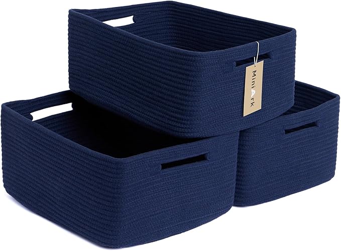 Large Storage Baskets for Shelves, Closet Organizers Bins for Clothes Blanket Towels, Baby Nursery, Toy Baskets Box, Woven Rope Baskets, 17 x 13 x 7.5”, 3 Packs Navy Blue-Ruum Studio Home