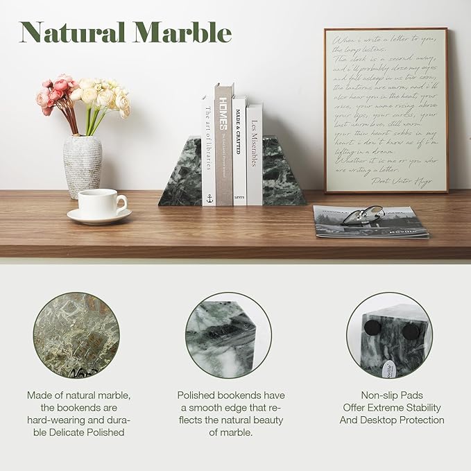 Marble Bookends for Heavy Books, Decorative Bookends for Shelves, Green Stone Book Ends, Heavy-Duty Book Ends for Hardback Book & Cookbooks, Unique Book Stopper & Holder, Set of 2-Ruum Studio Home