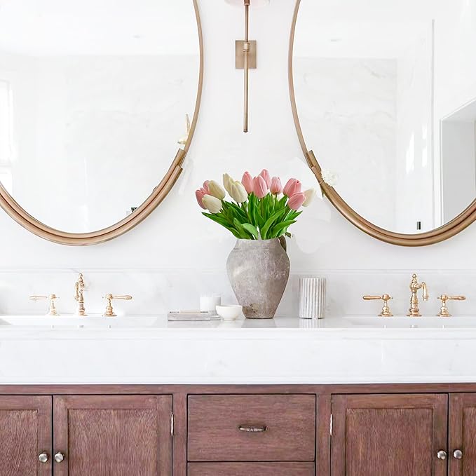 Mandy's Artificial Tulips 20 Stems White and Light Pink PU Faux Flowers for Wedding Home Decor 13.5 Inch-Ruum Studio Home