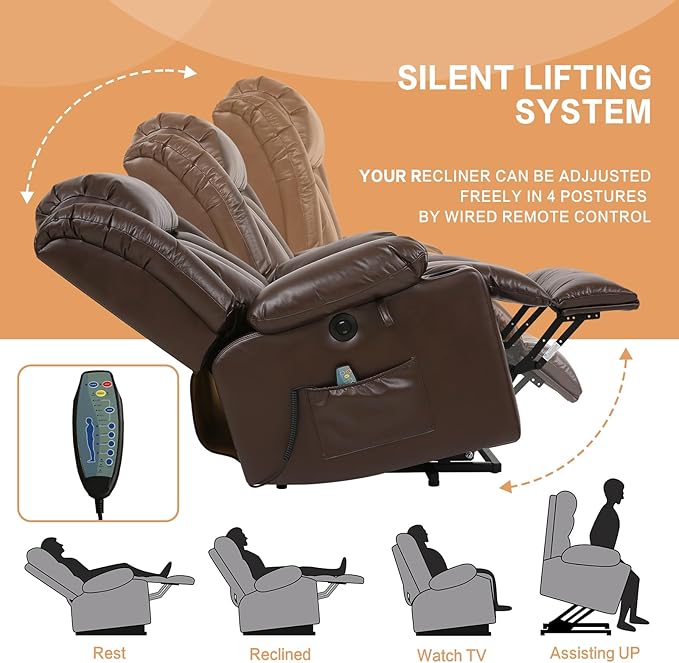 Power Lift Recliner Chair for Elderly Breathable Leather Recliner Chair with Massage and Heat for People Limited Mobility,2 Cup Holders,Electric Stand Assist,USB Ports,Gifts for Family (Brown)-Ruum Studio Home