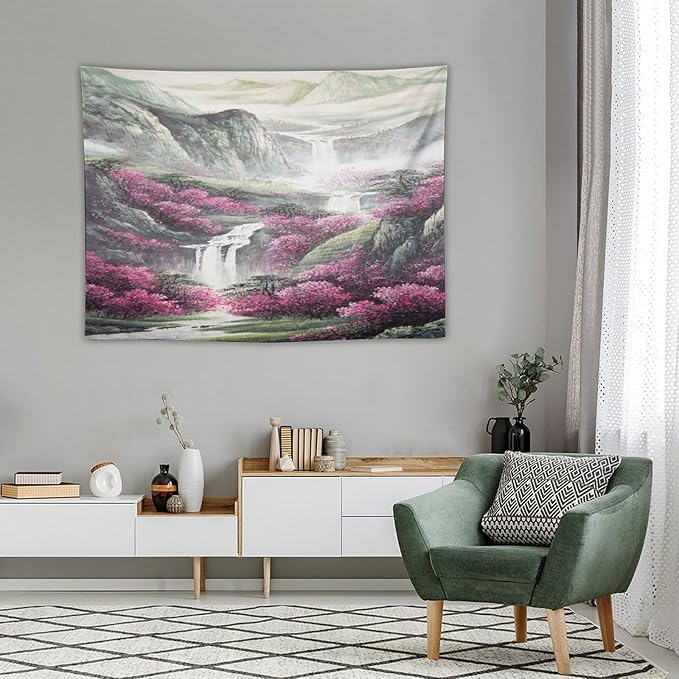 Japanese Tapestry, Red Plum Blossom Mountain, Nature Landscape, Bedroom Living Room Decor, 40"x30"-Ruum Studio Home