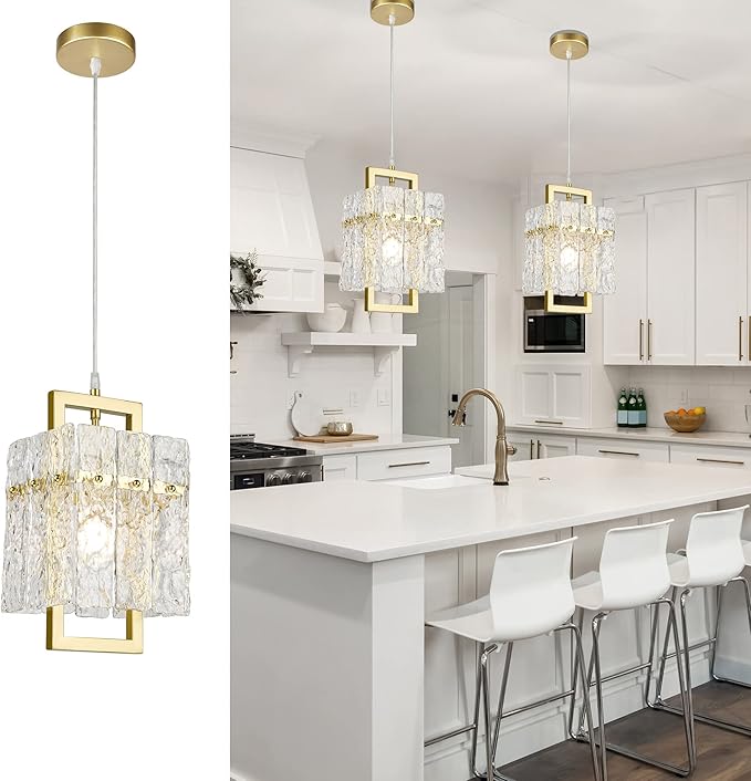 IKK Gold Crystal Pendant Light for Kitchen Island, Luxury Water Ripple Glass Chandelier Lights Fixture, Modern Elegant Adjustable Pendant Lighting for Dining Room Bedroom, E12 Bulb, L6.5'' x H11.8''-Ruum Studio Home