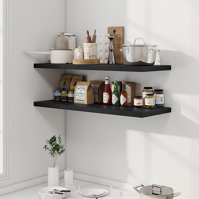 40" Floating Shelves for Wall, 12" Deep Slim Black Floating Shelves, Wall-Mounted Shelves for Bedroom, Living Room, Kitchen, Bathroom - Set of 2-Ruum Studio Home