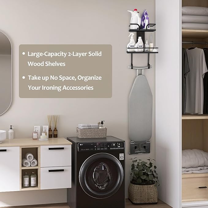 VINAEMO Ironing Board Hanger Wall Mount, 2-Layer Iron and Ironing Board Holder, Laundry Room Shelves Solid Wood with Removable Hooks Home Organization and Storage-Ruum Studio Home