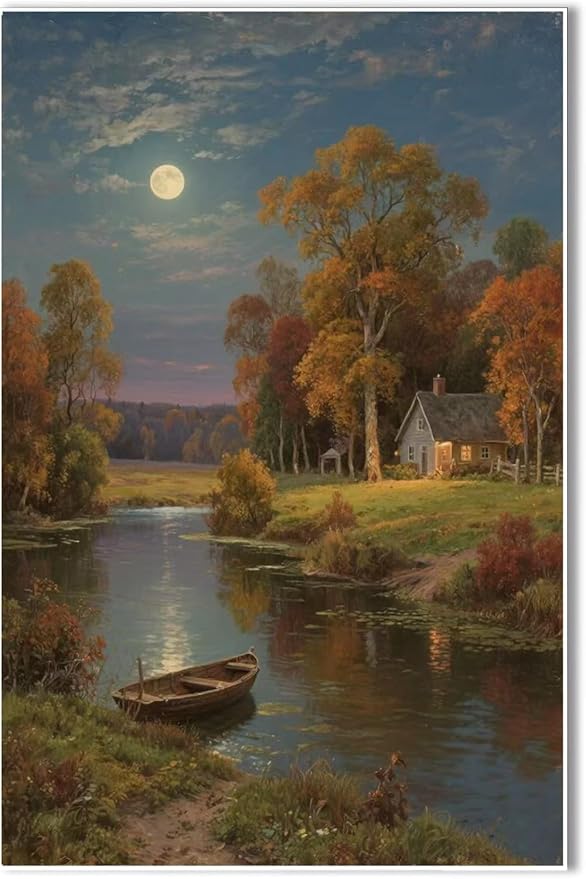 Small house by the stream under the moonlight tranquil style suitable for living room bedroom and office landscape poster wall art-Ruum Studio Home
