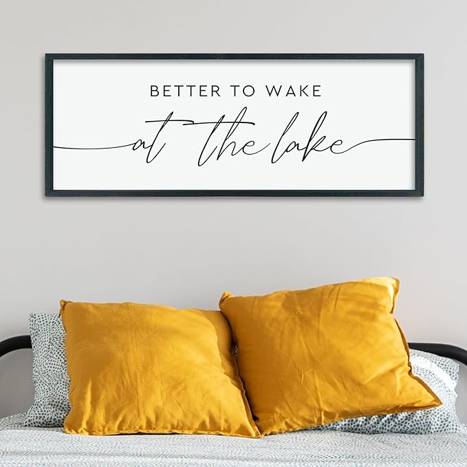 LuZhiQiang Better To Wake At The Lake Above Bed Wall Decor 40"×15" for Lake House Bedroom Over Bed Sign Wood Framed Large Wall Hanging Art (Black)-Ruum Studio Home