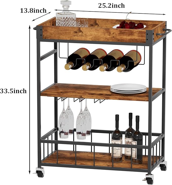Bar Cart Serving Wine 3 Tier Home Rolling Rack with Wheels Mobile Kitchen Industrial Vintage Style Wood Metal Serving Trolley Serving Cart,Glass Holder Bar Cabinet-Ruum Studio Home
