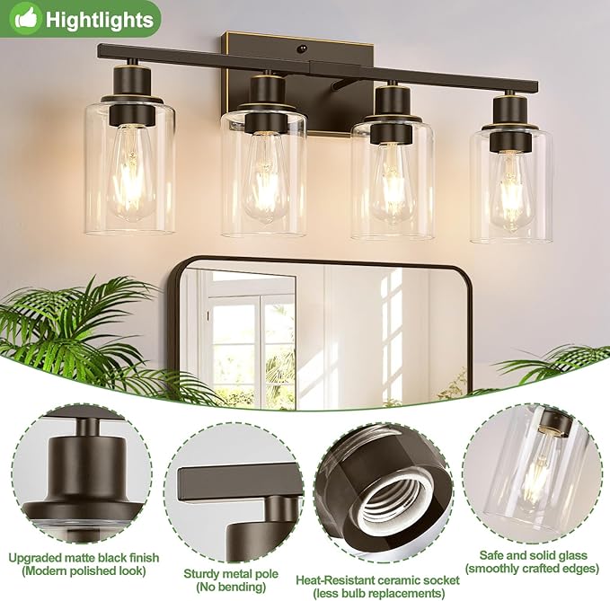 4 Light Bathroom Light Fixtures, Oil-Rubbed Bronze Modern Vanity Lights with Clear Glass Shades, Bathroom Wall Lamp for Mirror Living Room Cabinet-Ruum Studio Home