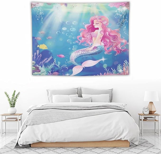 HZOHNAGO Mermaid Girls Tapestry Watercolor Mermaid Princess Pink Hair Pattern for Kids Room Decoration Printed Wall Tapestry Wall Hanging for Bedroom Living Room Dorm 40" W x 30" H-Ruum Studio Home