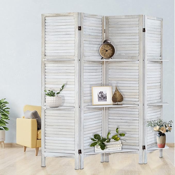 Room Divider with Shelves, Privacy Screen, Room Dividers and Folding Privacy Screens, 4 Panel Wood Temporary Wall Partition Separation Separator, Coconut-Ruum Studio Home