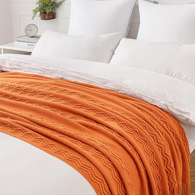 MIULEE Burnt Orange Knitted Throw Blanket for Couch Boho Textured Cozy Woven Blanket with Tassels for Sofa Chair Bed Living Room Fall Home Decor Farmhouse Acrylic Wave Pattern 50"x60"-Ruum Studio Home