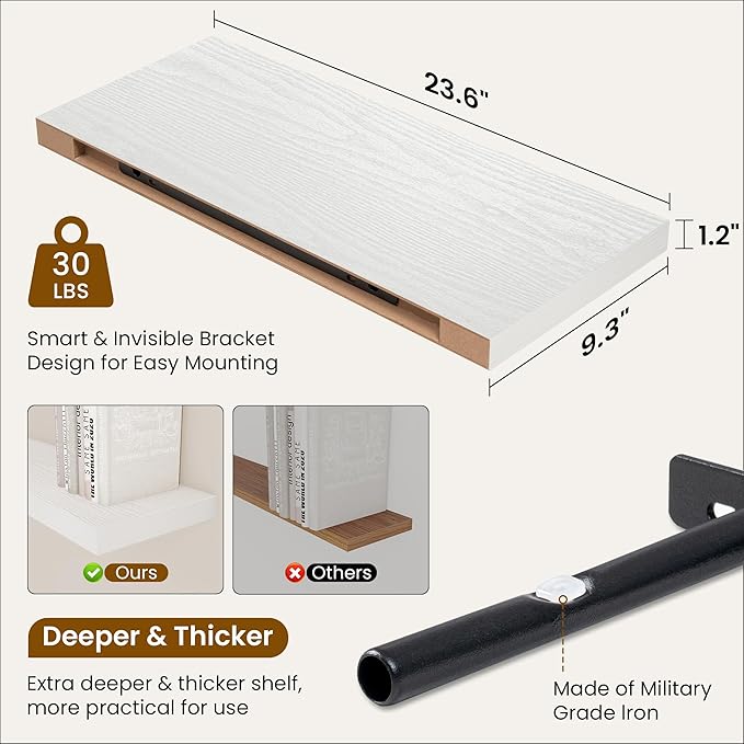 Fun Memories 24 Inch Floating Shelves for Wall, 9 Inch Deep White Rustic Wood Wall Mounted Shelves for Bathroom, Kitchen, Living Room, Set of 2-Ruum Studio Home