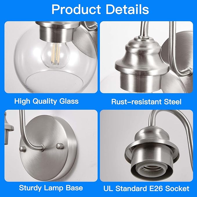 Farmhouse Gooseneck Wall Sconces Set of Two, Bathroom Brushed Nickel Vanity Light, Modern Indoor Wall Light Fixtures with Clear Glass for Bathroom Beside Mirror Living Room Hallway(Brushed Nickel)-Ruum Studio Home