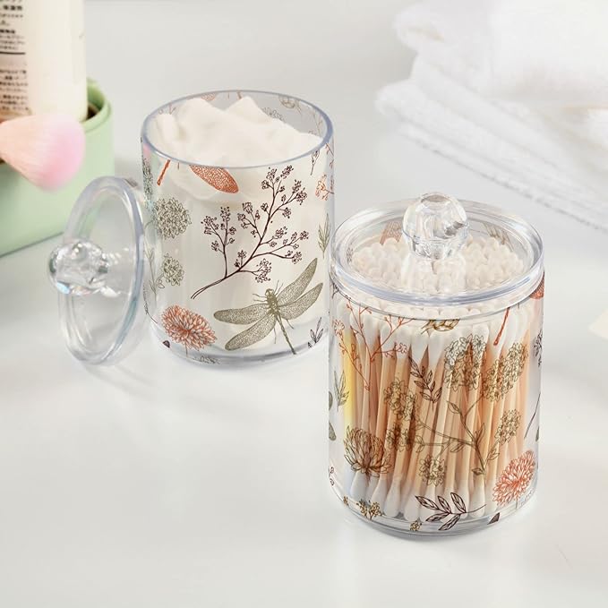 2 Pack Qtip Holder Organizer Dispenser Dragonfly Pattern Bathroom Storage Canister Cotton Ball Holder Container for Cotton Swabs/Pads/Floss-Ruum Studio Home