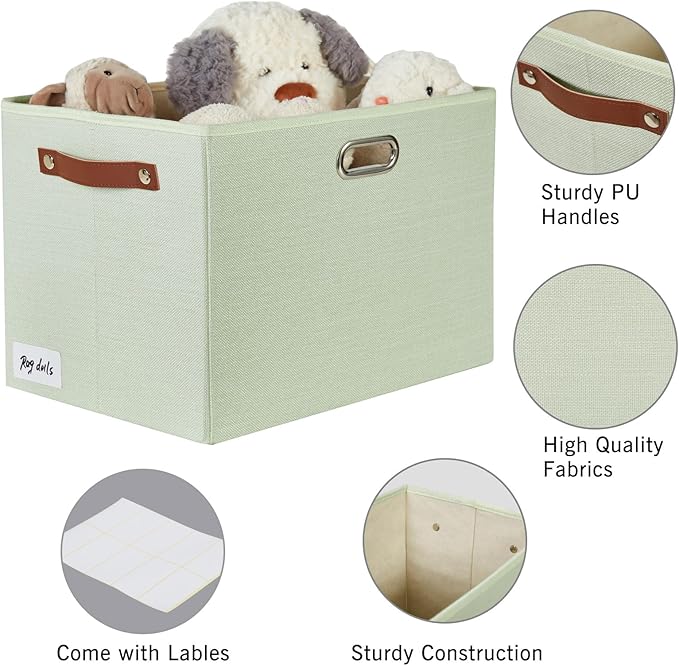 3-Pack Foldable Fabric Storage Bins with Durable PU & Metal Handles, Collapsible Storage Baskets for Shelves, Home Storage, Closet Organizers, Living Room(17"x11.8"x11.8", Sage Green)-Ruum Studio Home