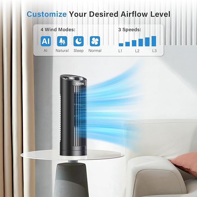 Tower Fan Bladeless with 3 Speeds, 4 Mode [AI, Normal, Natural, Sleep], Table Fan 80° Oscillation, Touch Screen + Remote Control, 12H Timer, 13" Desk Fan for Bedroom Home Office Desktop-Black-Ruum Studio Home
