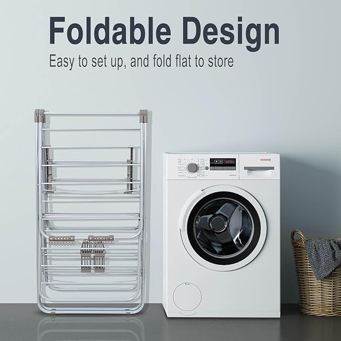 Large Capacity Double Drying Rack, Folding Rustproof Drying Rack with Non-Slip Clips and Drainage Shoe Rack, Height Adjustable, Airy and Quick Drying, Suitable for Balcony and Outdoor Use-Ruum Studio Home