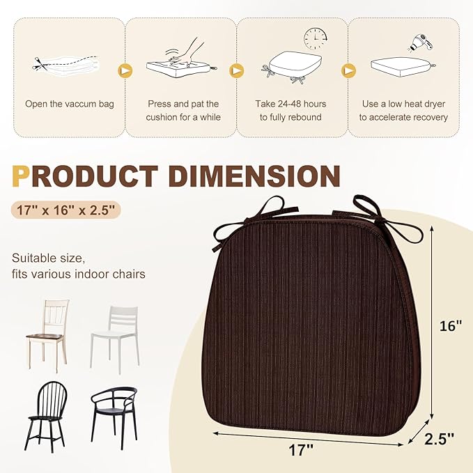 downluxe Chair Cushions for Dining Chairs, Waterproof Kitchen Chair Pads, Non-Slip Dining Seat Cushion with Ties, 17" x 16" x 2.5", Brown, 6 Pack-Ruum Studio Home