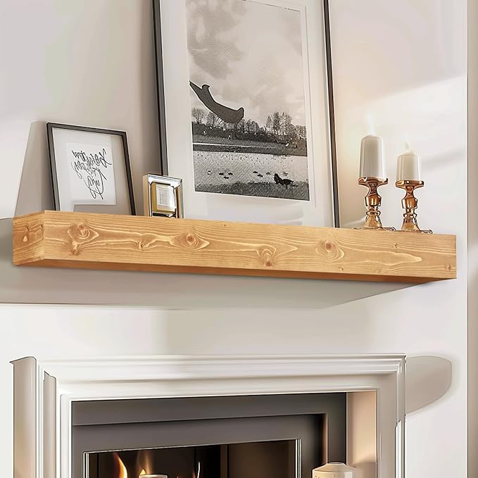 48x8x5 Fireplace Mantel - Handcrafted Rustic Solid Wood Wall Mounted Floating Shelf with Invisible Heavy Duty Wood Bracket (Natural)-Ruum Studio Home